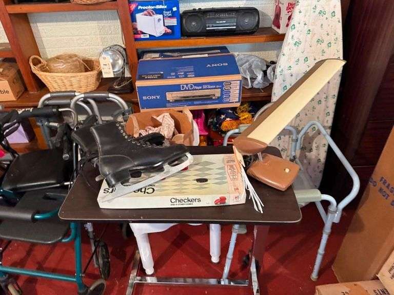 Large Lot on Wall Including Decorative Flags, Ice Skates, Heater, Misc. Items