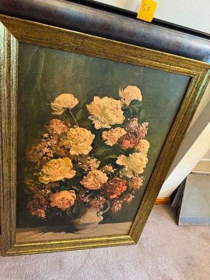 4 Pieces of Wall Art - Robert Douglas Hunter Framed Lithograph, L. Jambur Painting, Oriental Art Piece and Floral Framed Painting