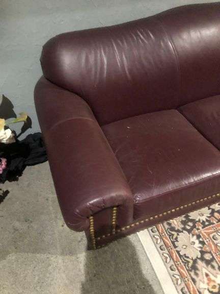 Maroon Leather Couch, 7ft Long