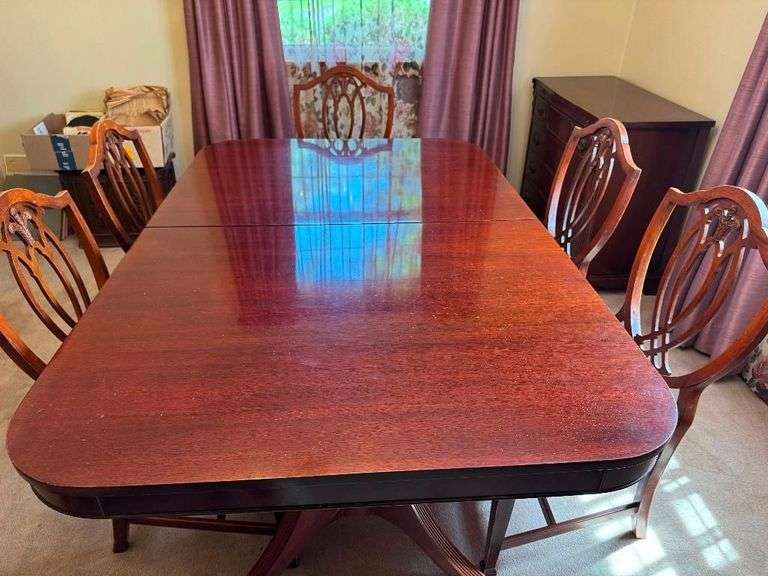 Vintage Hepplewhite Dining Room Set - Includes Dining Table With Leaf - 6 Dining Chairs, including 2 Captains Chairs with Floral Upholstered Seats - Bar/Server Cabinet - Buffet - Glass Front China Hutch