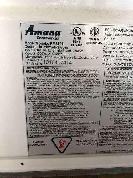 Amana 1000W Commercial Microwave Model - RMS10T
