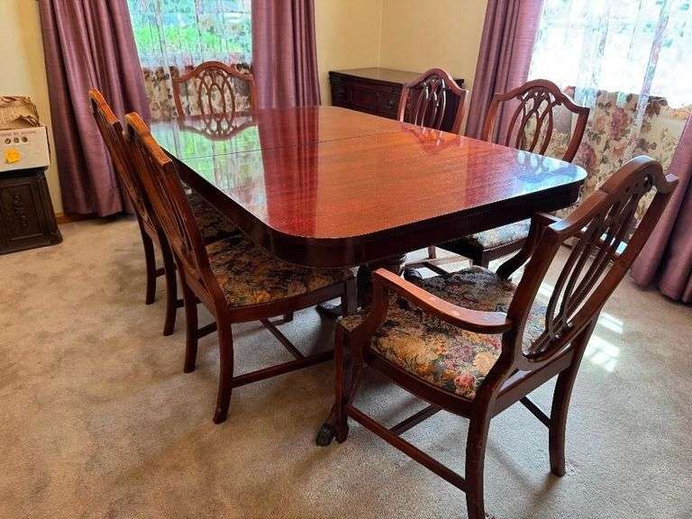 Vintage Hepplewhite Dining Room Set - Includes Dining Table With Leaf - 6 Dining Chairs, including 2 Captains Chairs with Floral Upholstered Seats - Bar/Server Cabinet - Buffet - Glass Front China Hutch