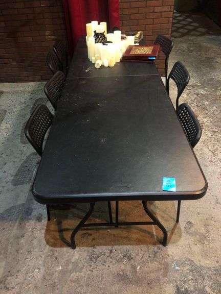 8ft Black Folding Table with 7 Black Chairs (Contents Not Included)