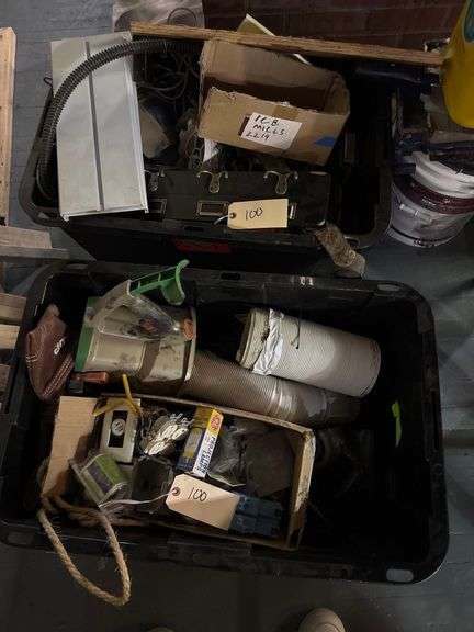 6 Bins with Contents Including Power Cords and Power Strips