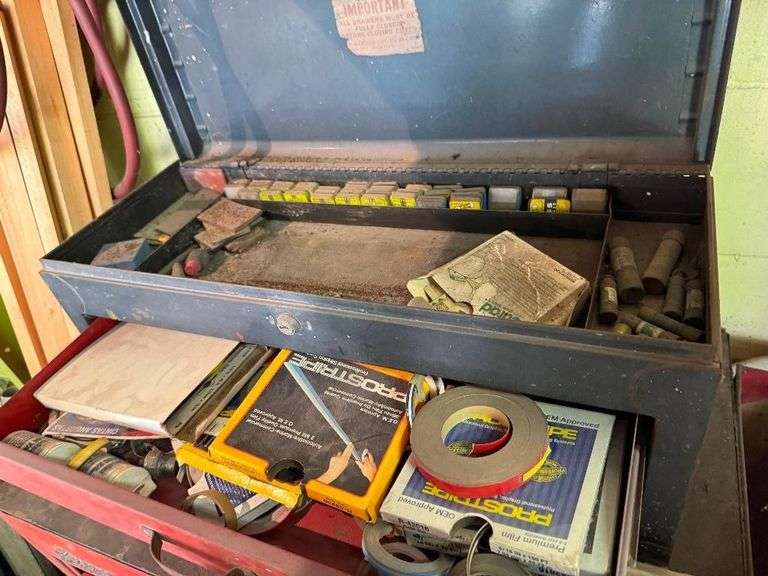 Vintage Snap On Tool Chest and Contents - Screwdrivers, Files, Wrenches, Etc - Includes Smaller Tool Box Sitting On Top