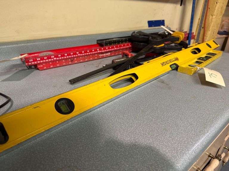 Lot of Levels, Square, and Clamps