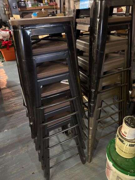 12 Metal Stools, 2 Small Plastic Stools, Wooden Stool