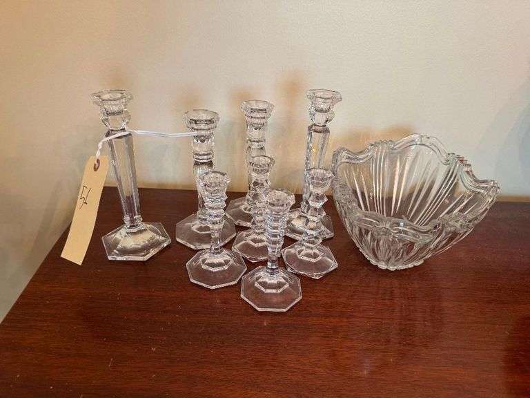 Leaded Glass Candle Holders and Bowl