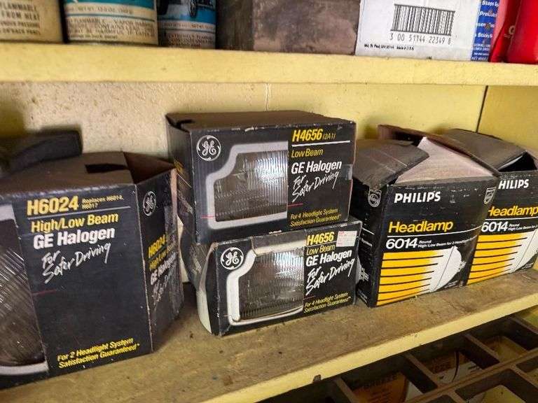Contents of Corner Shelf - including Product, Oil, Halogen Headlamps, Spray Paint - Automotive