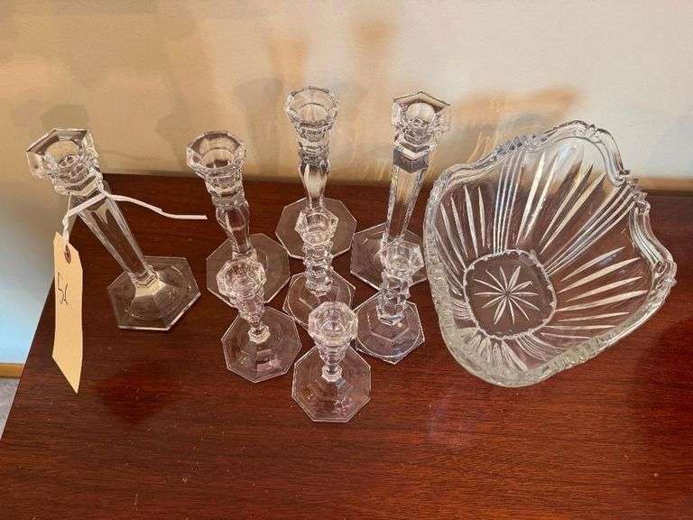 Leaded Glass Candle Holders and Bowl