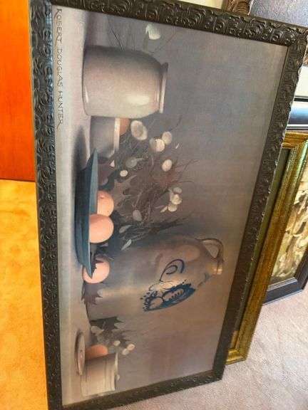 4 Pieces of Wall Art - Robert Douglas Hunter Framed Lithograph, L. Jambur Painting, Oriental Art Piece and Floral Framed Painting