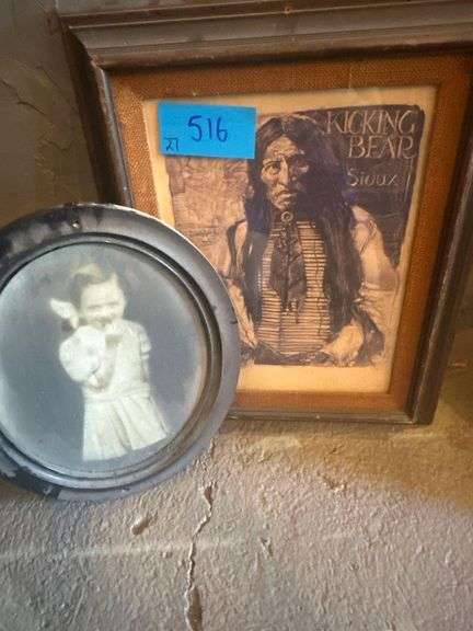 2 Framed Pictures Kicking Bear Approx 18 x 22 and Young Girl Approx 14 x 17