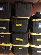 3 Storage Bins of Scare House Hoodies, 1 Bin of Merch Displays