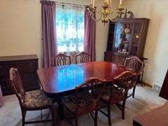 Vintage Hepplewhite Dining Room Set - Includes Dining Table With Leaf - 6 Dining Chairs, including 2 Captains Chairs with Floral Upholstered Seats - Bar/Server Cabinet - Buffet - Glass Front China Hutch