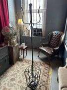 Aluminum Coat Rack 6ft. H. - Wing Back Arm Chair 41in. H. X 27in. W. - Wooden Side Table 12in. W. X 18in. H.