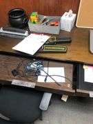 Office Desk and Chair with Contents Including 3 Hole Punch, Hand Held Metal Detectors, Office Supplies