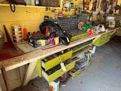 Workbench Contents - Loaded with Hardware - Nuts, Bolts, Screws, Bits, Battery Charger, Including Hand Tools Under Bench - Does Not Include Bench Vise