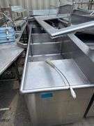 Large Lot of Stainless Steel Tables and Sinks - Including a 9’ Stainless Table, 8’ Table w Drawer, 3 Basin Sink, 12x8 L Shaped Table, 2 Table Top Shelves, 6’ Chest w/ Hand Washing Sink
