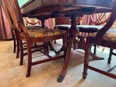 Vintage Hepplewhite Dining Room Set - Includes Dining Table With Leaf - 6 Dining Chairs, including 2 Captains Chairs with Floral Upholstered Seats - Bar/Server Cabinet - Buffet - Glass Front China Hutch