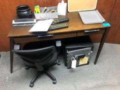 Office Desk and Chair with Contents Including 3 Hole Punch, Hand Held Metal Detectors, Office Supplies