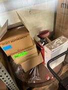 3 Boxes of Clothe Face Masks, 2 Metal Containers, Disassembled Round Table, Utility Heater