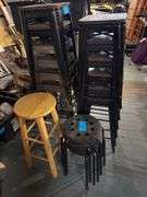 12 Metal Stools, 2 Small Plastic Stools, Wooden Stool