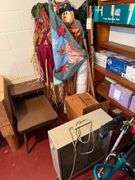 Large Lot on Wall Including Decorative Flags, Ice Skates, Heater, Misc. Items