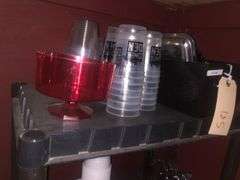 Black Plastic Cart Without Wheels, Plastic Cups, Plates, and Utensils, Various Kitchen Utensils, Extention Cord, Paper Towels