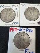 3 Walking Liberty Half Dollars - 1917, 1917d Reverse, 1917s Reverse