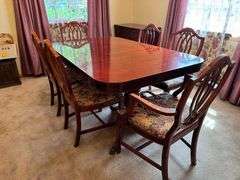 Vintage Hepplewhite Dining Room Set - Includes Dining Table With Leaf - 6 Dining Chairs, including 2 Captains Chairs with Floral Upholstered Seats - Bar/Server Cabinet - Buffet - Glass Front China Hutch