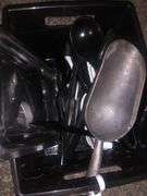 Black Plastic Cart Without Wheels, Plastic Cups, Plates, and Utensils, Various Kitchen Utensils, Extention Cord, Paper Towels