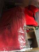 String Doll Keychains, Price Tagger, Box of Hand Sanitizer, Scare House Pins and Drawstring Bags, Office Storage Items