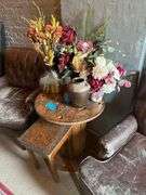 Wooden Wire Spool 23.5in Diameter X 24in. H. - Wooden Side Table - Faux Plant Assortment- Puzzle Games