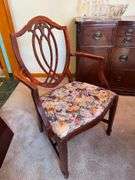 Vintage Hepplewhite Dining Room Set - Includes Dining Table With Leaf - 6 Dining Chairs, including 2 Captains Chairs with Floral Upholstered Seats - Bar/Server Cabinet - Buffet - Glass Front China Hutch