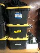 2 Storage Bins of Scare House Hoodies, 1 Bin of Merch Stands and Displays
