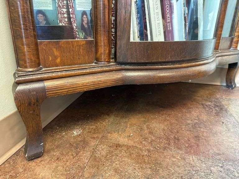 Antique Oak, Curved Leaded Glass Corner Cabinet - Approx. 40in x 74in