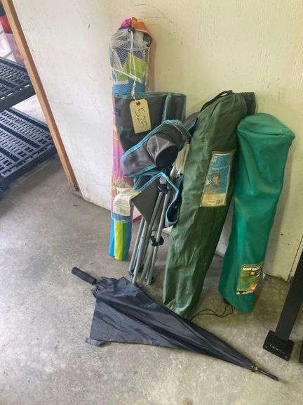 3 Lawn Chairs, Umbrella, Beach Umbrella