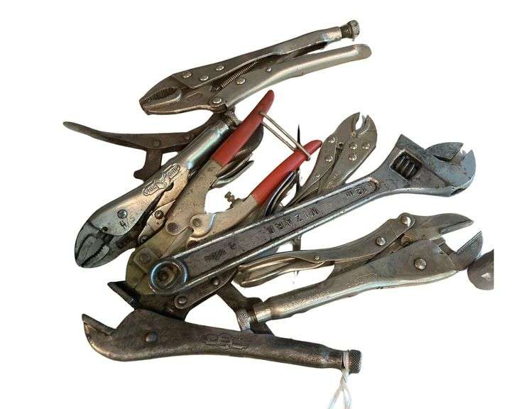 Various Sized Vice Grips, 12in Adjustable Wrench image
