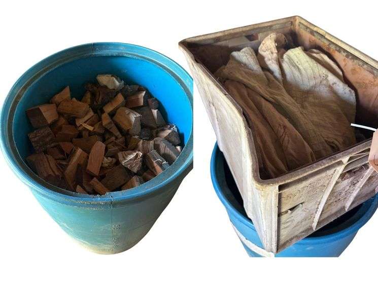 50 Gallon Barrel with Wood Scraps and Plastic Bin, 15in x 20in x 14in with Rags image