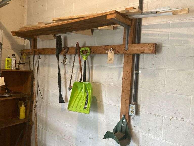 Wooden Rack Approx 90in Long With Contents, Includes Shovel, Saw, and Wood