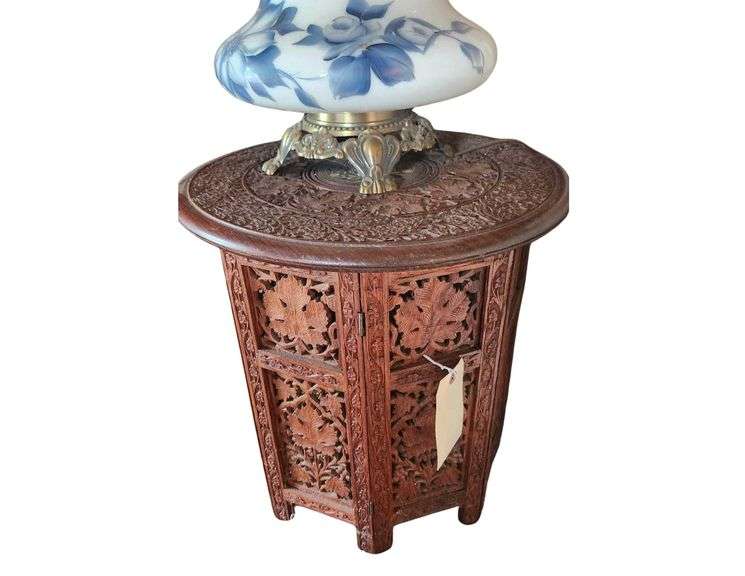 Vintage Carved Round Teak End Table - 17 x 18 in.