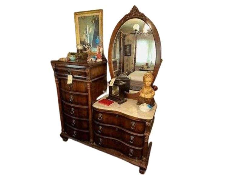 Vintage Polaski Heritage House 9 Drawer Dresser Set with Stone Top and Oval Vanity Mirror - 70 x 21 x 80 image