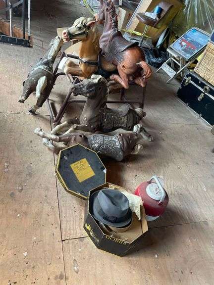 Dobbs Hat Box with Hat Knox Custom, Vintage Coleman Thermos 10 Inches Tall, 4 Plastic Horses with a Horse on Frame