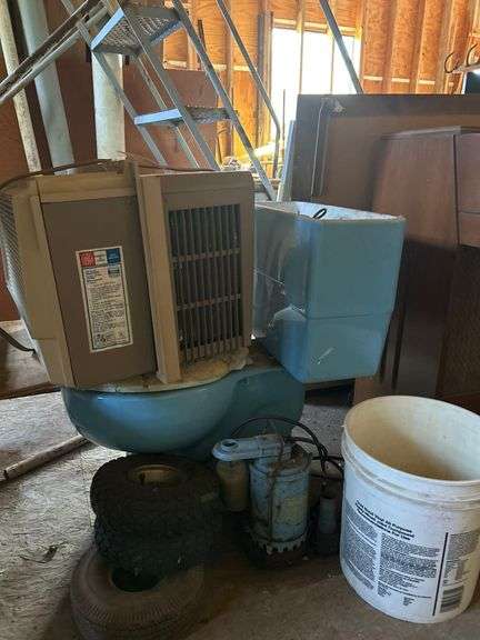 Lot of Assorted Items - General Electric Fashionette Air Conditioner Model AGKE208AB - Toilet - Wayne Sump Pump, Wheels, Bucket image