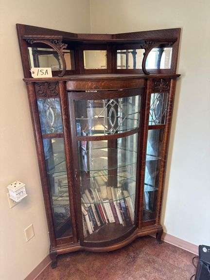 Antique Oak, Curved Leaded Glass Corner Cabinet - Approx. 40in x 74in