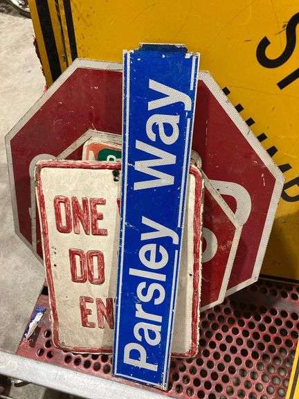 9 Road Signs Including 2 Stop Signs, 3 No Parking Signs, and One Way Do Not Enter Sign image
