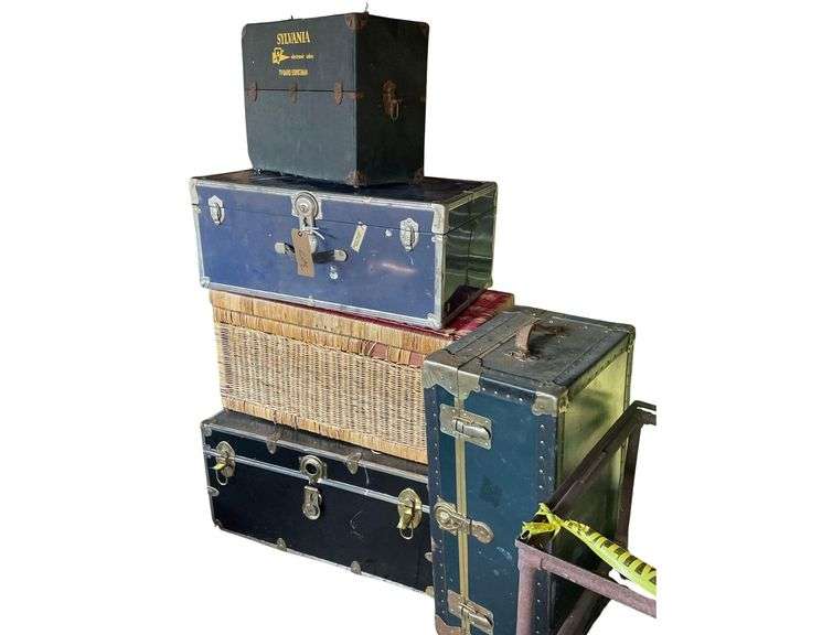 3 Older Trunks 31x17x13 Inches, A Wicker Box 32x16x15 Inches and a Sylvania TV-Radio Serviceman's Electronic Tube Case 21x10x16 Inches image