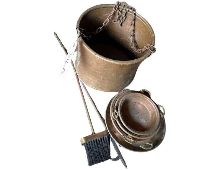Lot of Copper Items are including Fireplace Pot, Baking Dishes and Fire Place Tools image