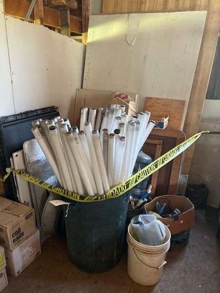 Lot of Assorted Supplies and Equipment - Fluorescent Bulbs, Painting Supplies, Drywall, Animal Crate image