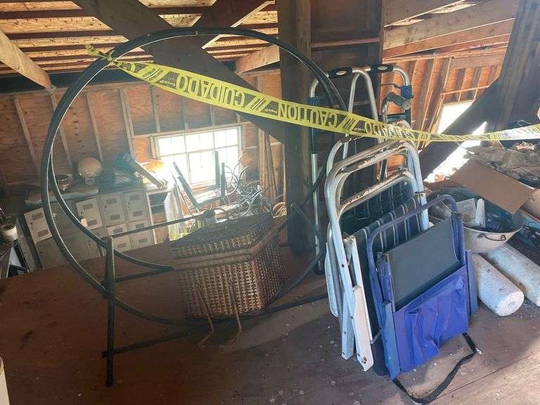 An Abundance of Vintage Items 24 x36 Ceiling Tiles, 2 Footballs, Silk Poinsettia Lights, 3 Ceiling Lights New in Boxes, Golf Bag, Large Cord Wood Ring 43 Inches